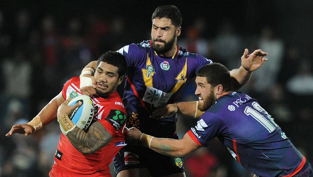 Peter Mata'utia of the Dragons is tackled during last week's match between the Melbourne Storm and the St George Illawarra Dragons. Picture: GETTY IMAGES