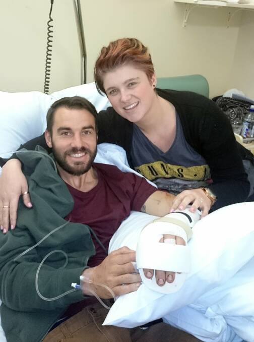 Shoalhaven Zoo handler Trent Burton with his wife Nyssa at the Sydney Hand Hospital. Picture: SOUTH COAST REGISTER