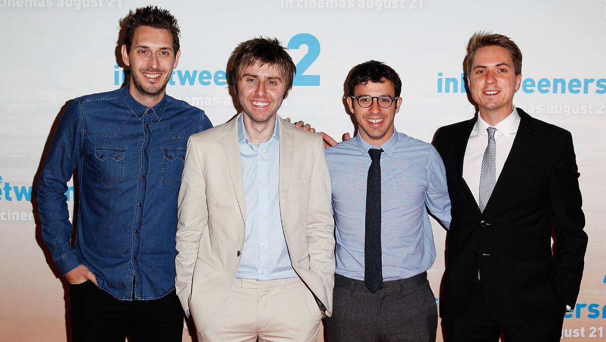 Blake Harrison, James Buckley, Simon Bird and Joe Thomas arrive at the premiere of The Inbetweeners 2. Picture: GETTY IMAGES