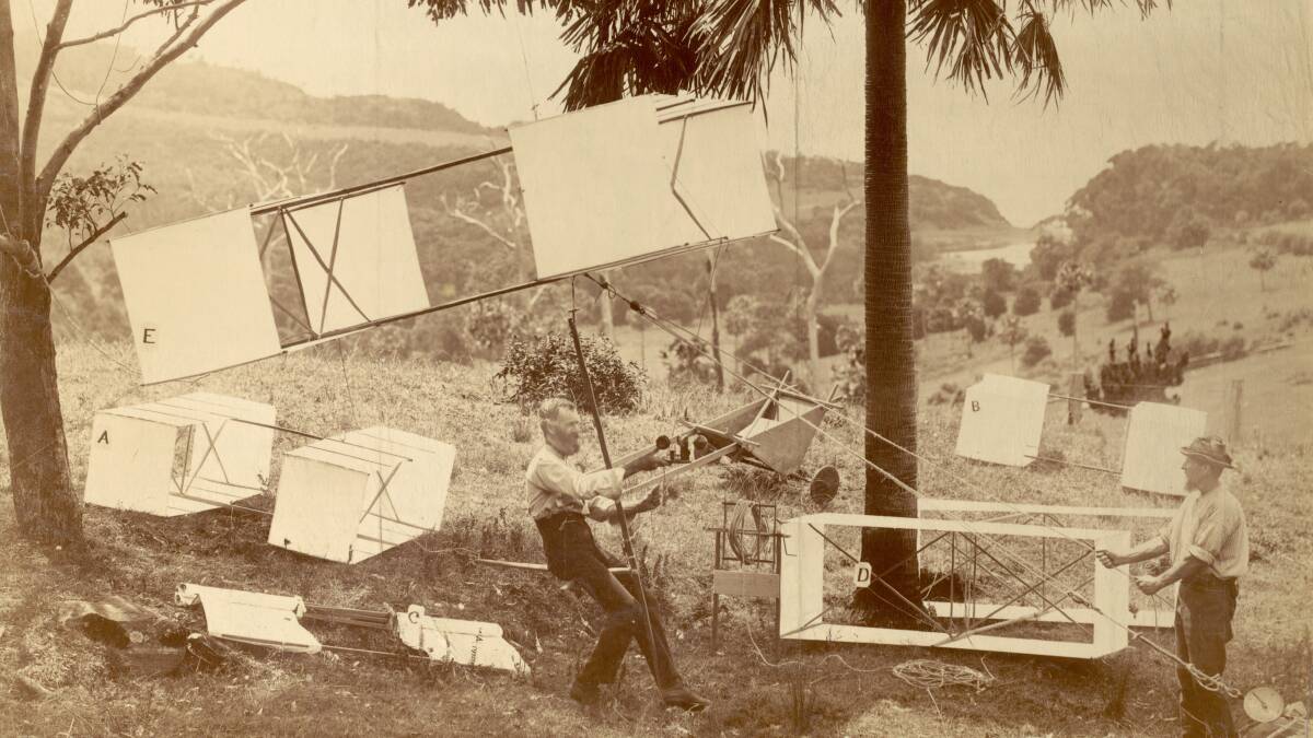 Lawrence Hargrave and his kites at Stanwell Park, 1894. Photo: State Library of NSW / Charles Bayliss