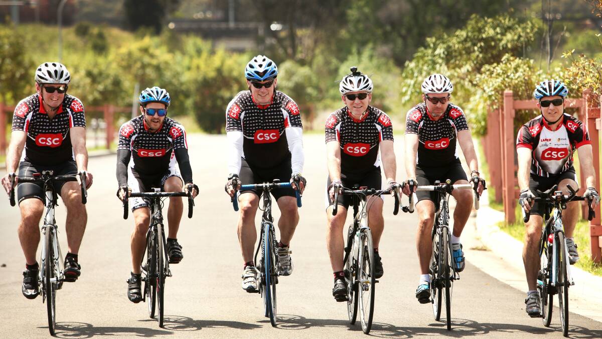 Brian Steemson. Luke Palma. Andrew Smith. Kirk Barrett Andrew Levy, and Scott Milliken will take part in the MS Sydney to Gong ride. Picture: KIRK GILMOUR