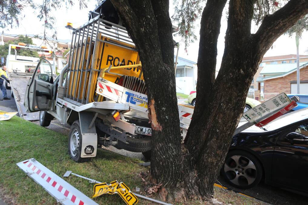 A Traffic Logistics vehicle mounted the gutter and ended up against a tree on Tuesday morning. Picture: ROBERT PEET

