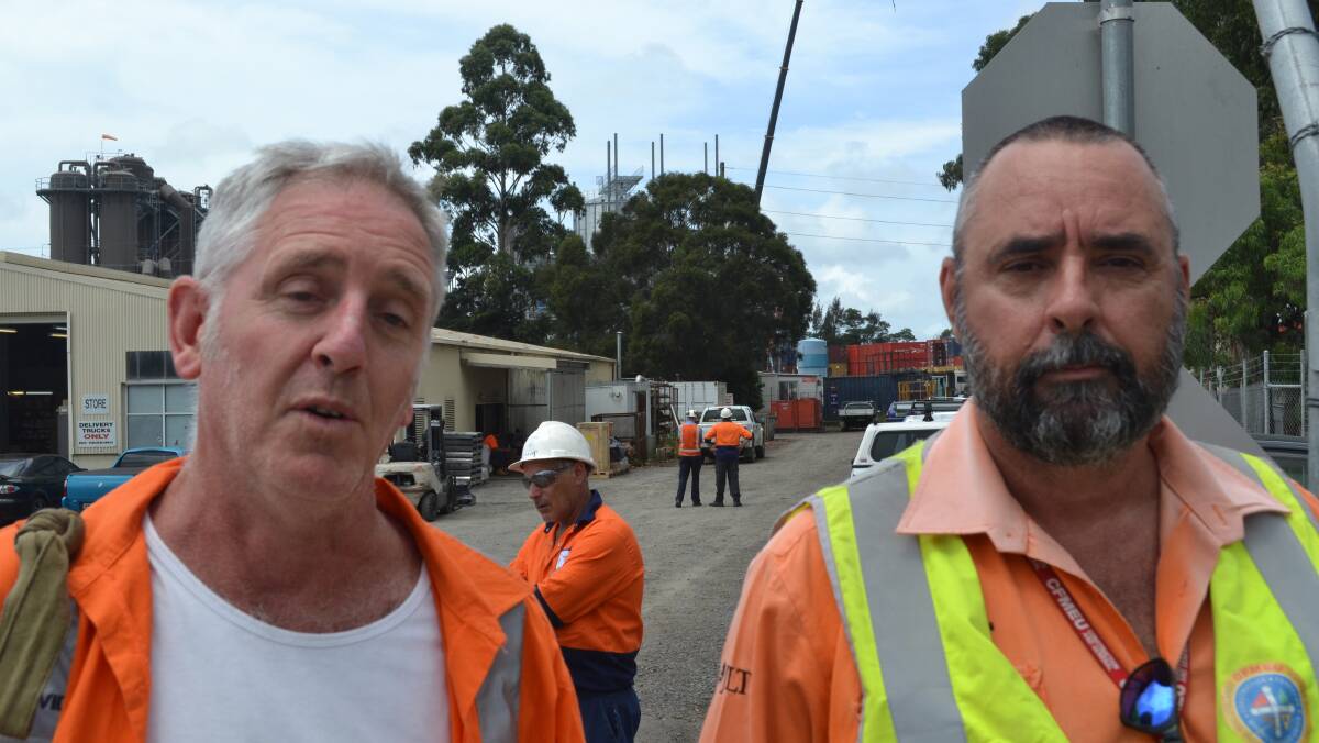 CFMEU reps Dave Kelly and Dave Curtain outside the Manildra site on Bolong Road where the overseas workers are employed.