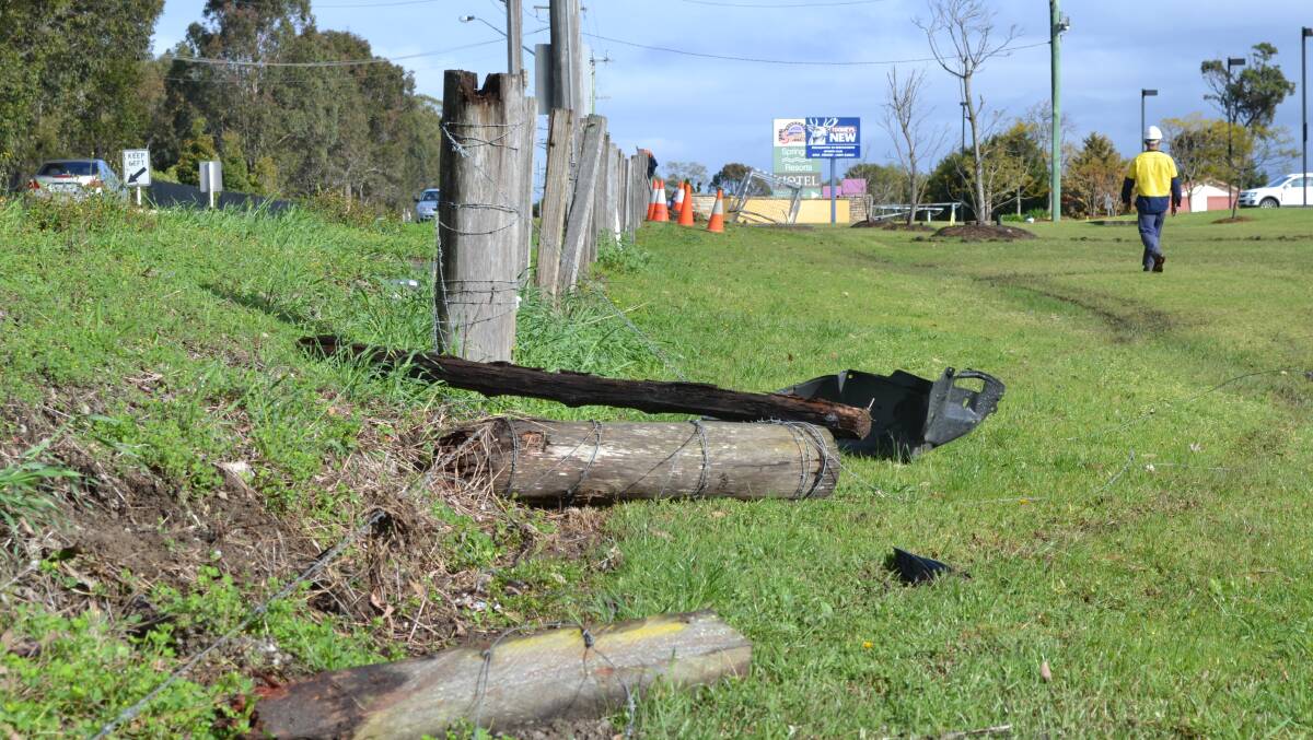 The trail of damage from the vehicle which left Greenwell Point Road, crashed through a fence onto the Ex-Servicemen’s Sports Club golf course and then careered into an industrial gas meter.