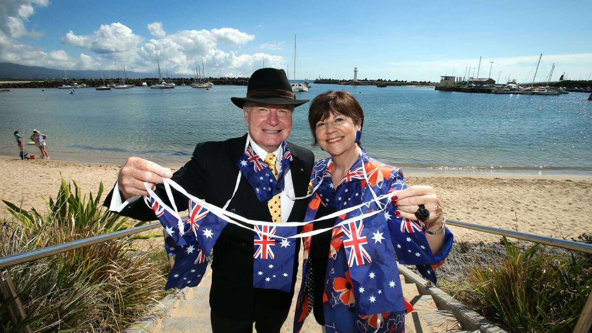 Wollongong Lord Mayor Gordon Bradbery  and Wollongong Australia Day ambassador and NIDA CEO Lynne Williams get ready for Australia Day celebrations at Belmore Basin. Picture: KIRK GILMOUR