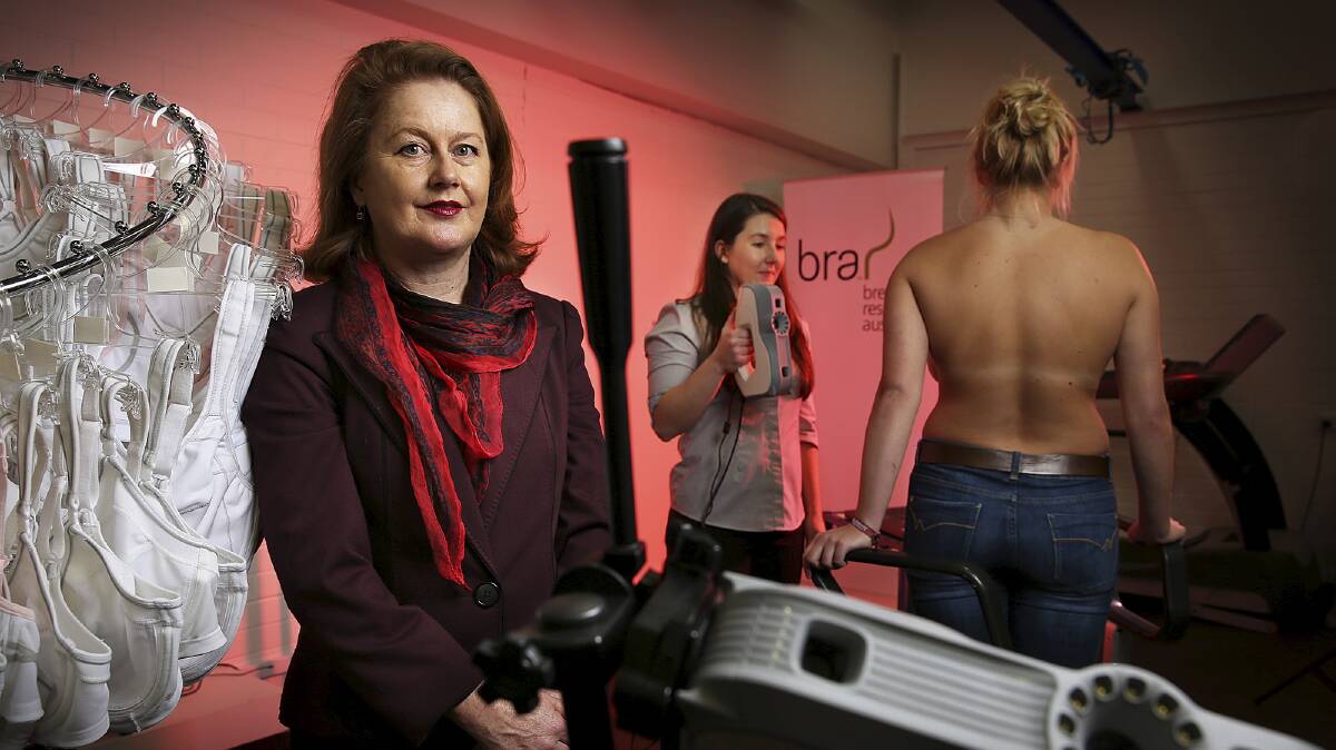 PhD student Celeste Coltman (centre) and Dr Deirdre McGhee, from Breast Research Australia based at the University of Wollongong, are investigating effective bra designs and aspects of improving bra fit. Picture: PAUL JONES