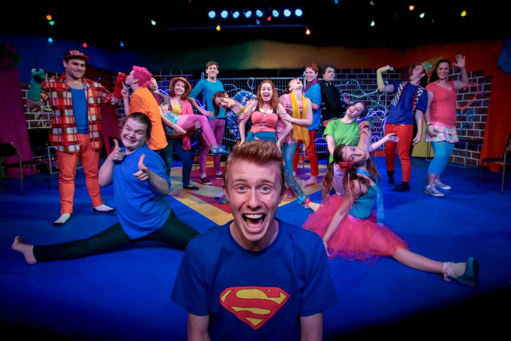 Tom Parrish who plays The Teacher, with the cast of Phoenix's production of Godspell. Picture: ADAM McLEAN