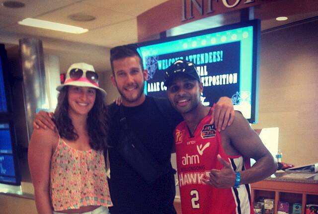 Tyson Demos with San Antonio Spurs player Patty Mills, wearing Wollongong Hawks jersey. Picture: SUPPLIED