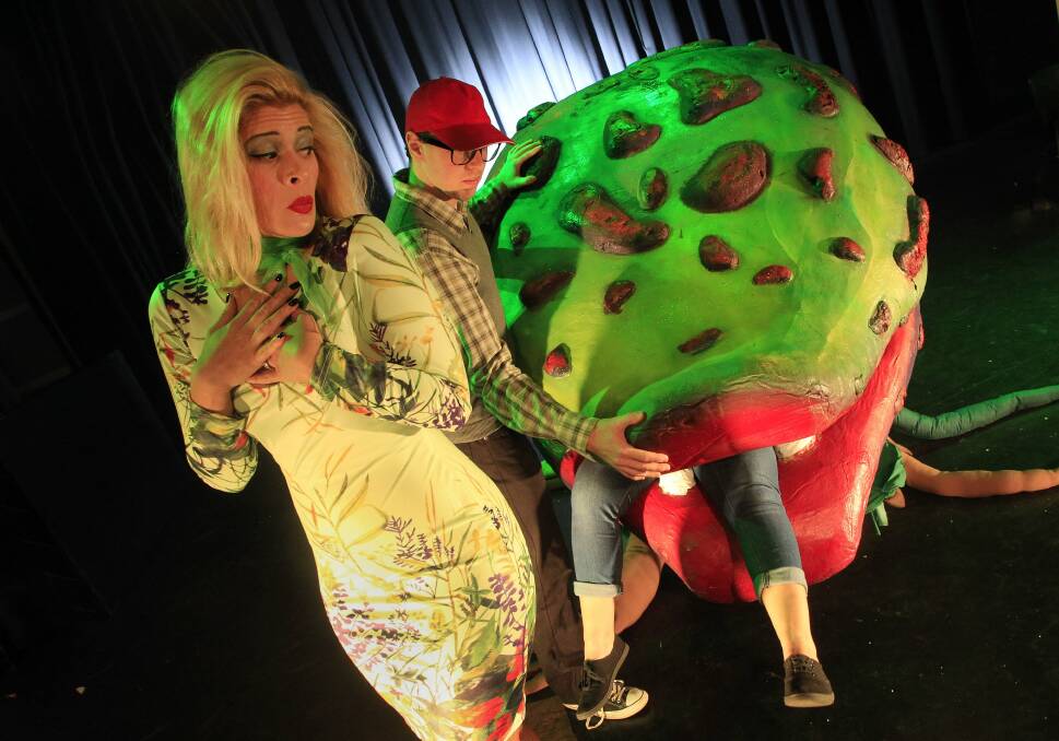 Jessica Garraway and Kyle Nozza with Audrey 2, which has eaten Little Shop Of Horrors director Amy Copeland. Picture: ANDY ZAKELI