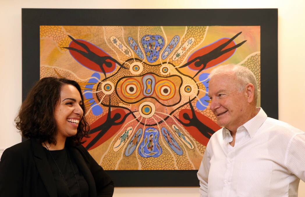 Curator Tahjee Moar with Lord Mayor Gordon Bradbery,  following the launch of a new award open to Illawarra and South Coast Aboriginal artists. Picture: KIRK GILMOUR
