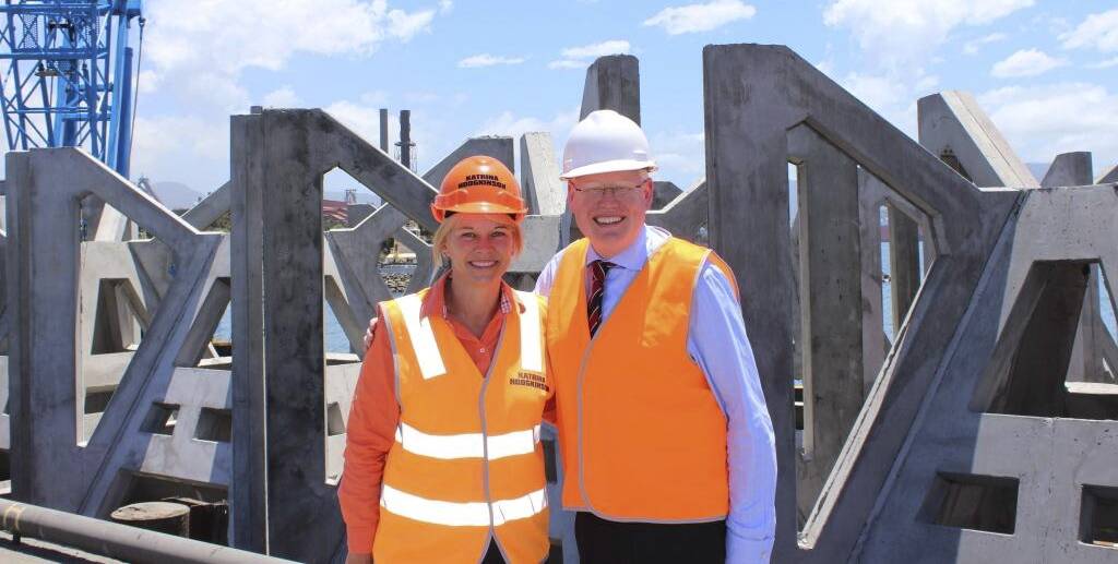 NSW Minister for Primary Industries Katrina Hodgkinson and Member for Kiama Gareth Ward stand in front of one of the purpose-built concrete modules for the Shoalhaven Heads offshore artificial reef. 