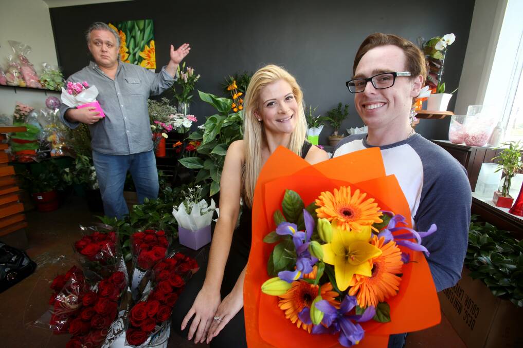 Ron Seymour as Mr Mushnik with Jessica Garraway as Audrey and Kyle Nozza as Seymour. The cast members from Little Shop Of Horrors dropped into Flower Haven to get the feel of a flower shop.