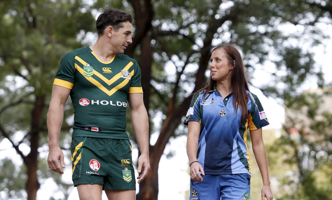 Rugby League player Billy Slater and Jillaroos full back Sam Hammond chat at Hyde Park in Sydney April 28, 2014. Picture: Daniel Munoz 