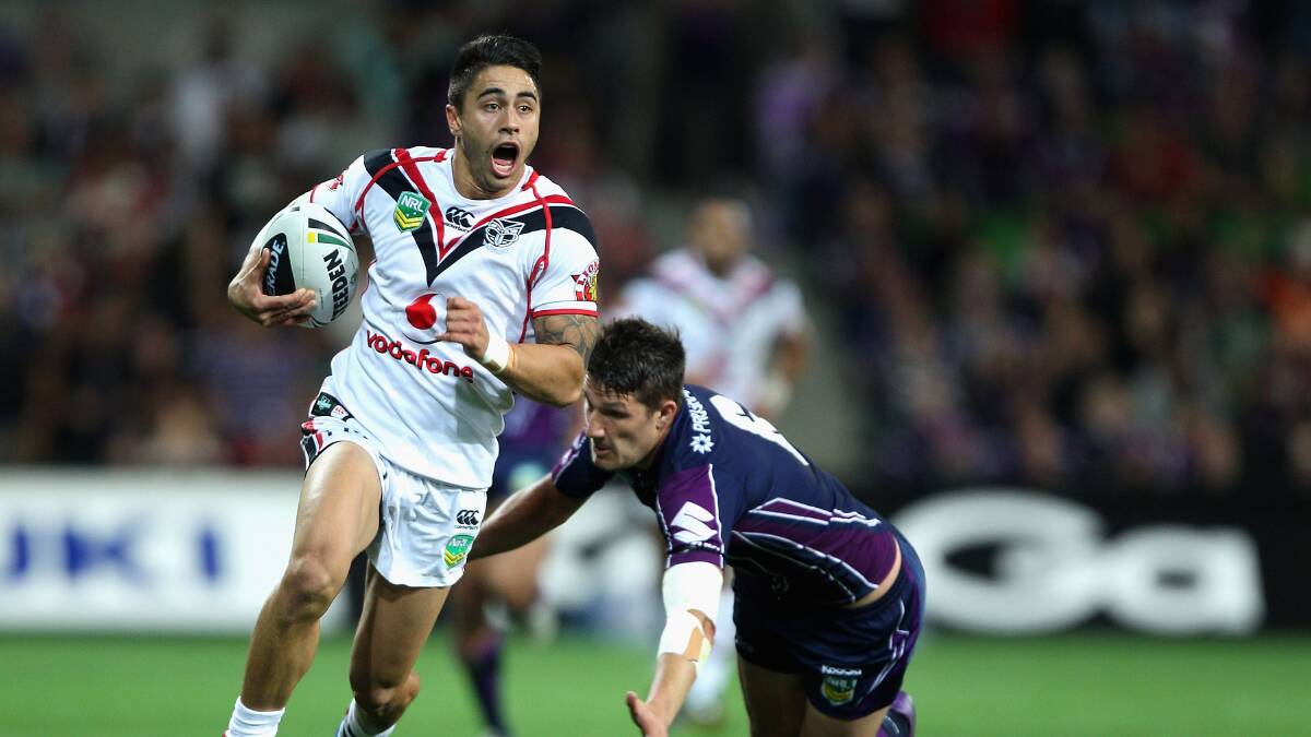 Warriors' halfback Shaun Johnson breaking through the Storm defence in his side's 16-10 Anzac Day win. Picture: GETTY IMAGES.