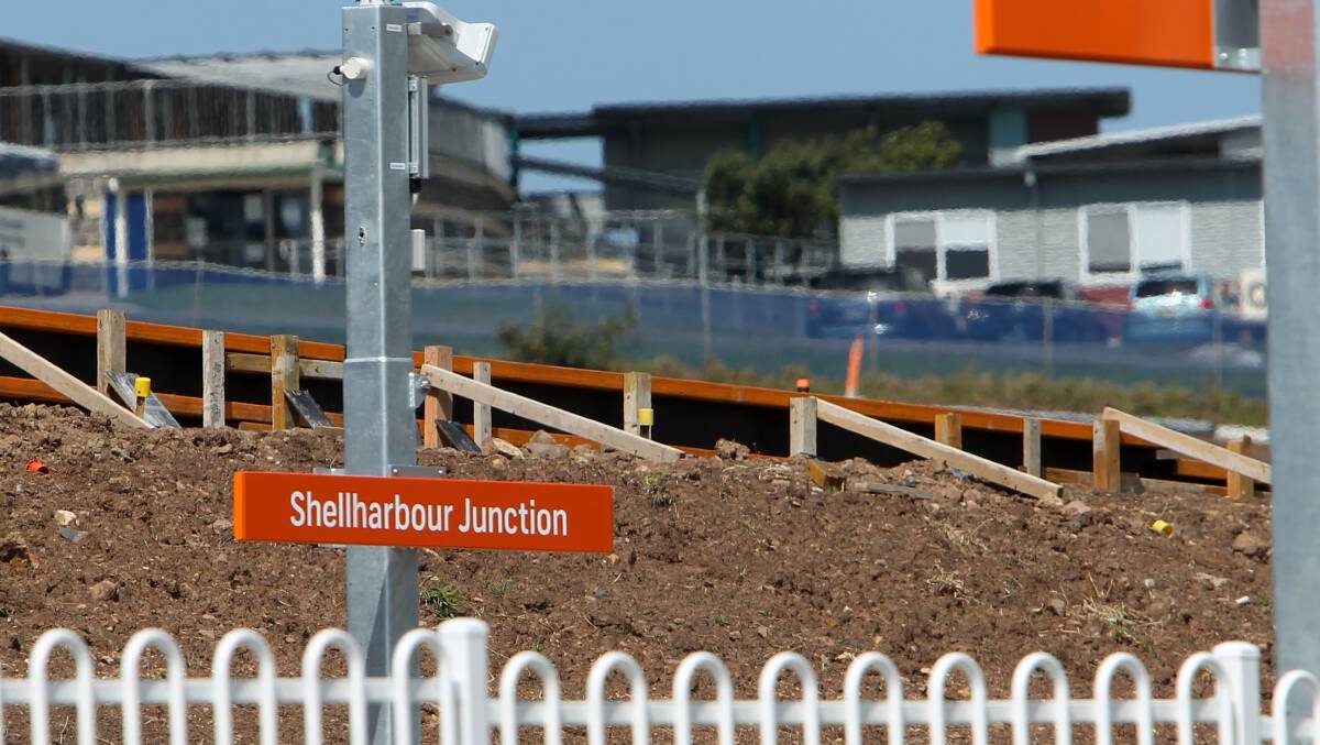 New signs have been installed on the platforms of the $39 million railway station at Shellharbour currently under construction prior to the name Shellharbour Junction being approved by the Geographical Names Board. Picture: GREG TOTMAN