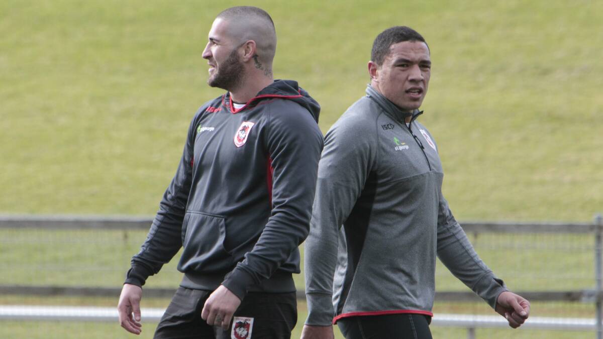 Dragons back-rowers Joel Thompson and Tyson Frizell were put through their paces during training at WIN Stadium on Friday. Picture: ANDY ZAKELI