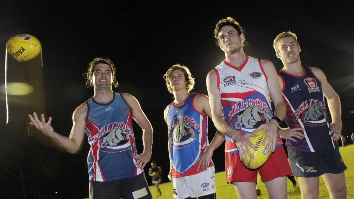 Wollongong Bulldogs (left to right) Brad Andriske, Ben O’Kane, Andrew Barned and Jack Wells are ready for the top-of-the-table clash with Wollongong Lions at North Dalton Park on Saturday. Picture:  ANDY ZAKELI