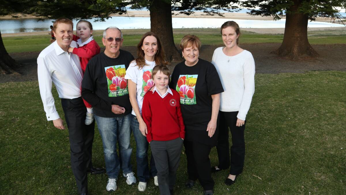 Tim Gray, Olivia Gray, Alan Doughton, Jennifer Gray, Samuel Gray, Louise Doughton and Jess Milne on part of the route for the second annual Parkinson’s NSW Unity Walk and Run. Picture: GREG ELLIS