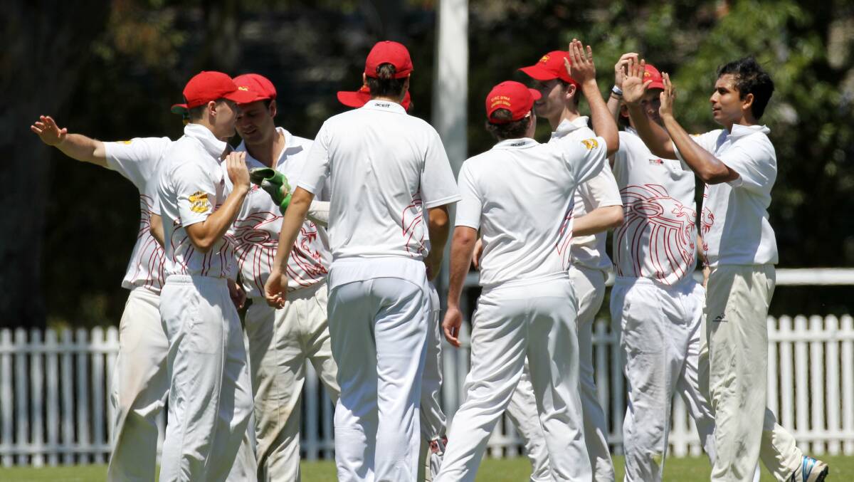 Keira players celebrate taking a University wicket in the clash at Keira Oval. Uni rallied to make 283, led by a century from Vijay Karthik.  Picture: GREG TOTMAN