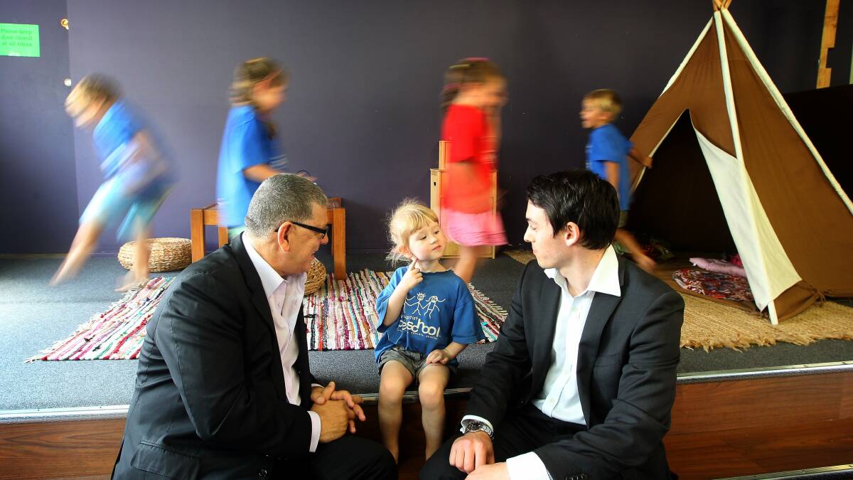 Minister for the Illawarra John Ajaka and Liberal candidate for Shellharbour Mark Jones at the preschool. Picture: SYLVIA LIBER