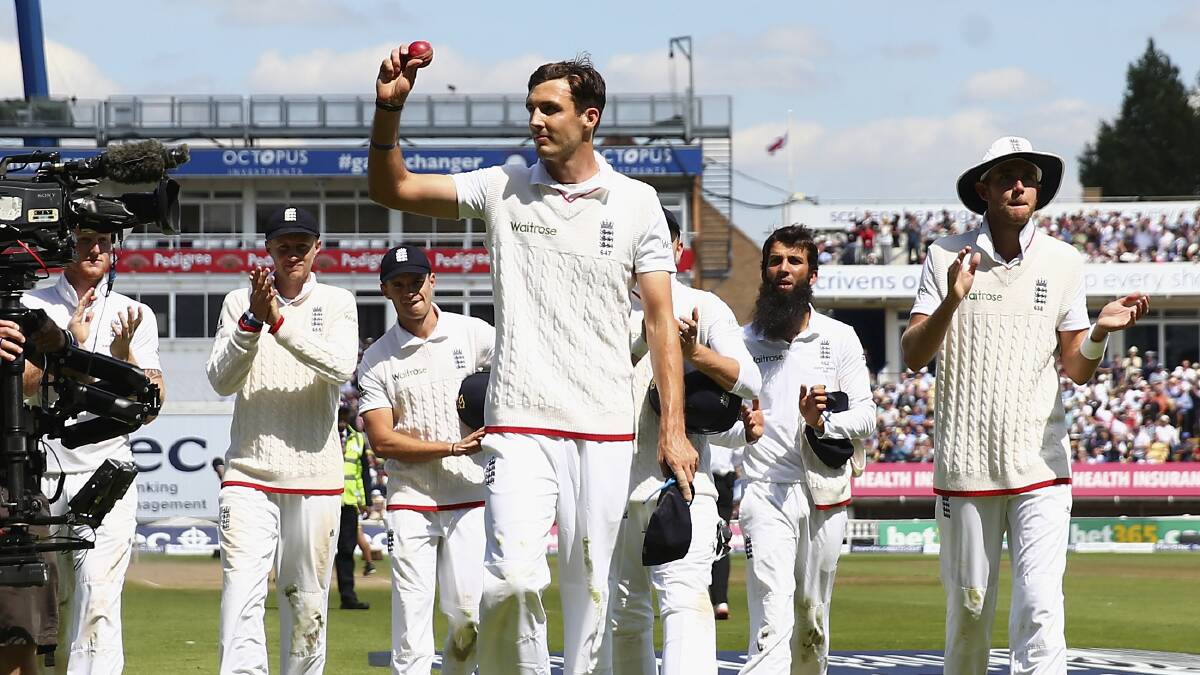 Steven Finn of England celebrates as he leaves the ground after claiming 6 wickets during day three. Picture: GETTY IMAGES.