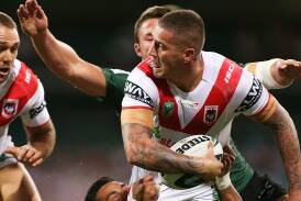 Joel Thompson of the Dragons is tackled during St George Illawarra's 26-6 loss to the South Sydney Rabbitohs at Sydney Cricket Ground. (Photo Mark Metcalfe/Getty Images)

