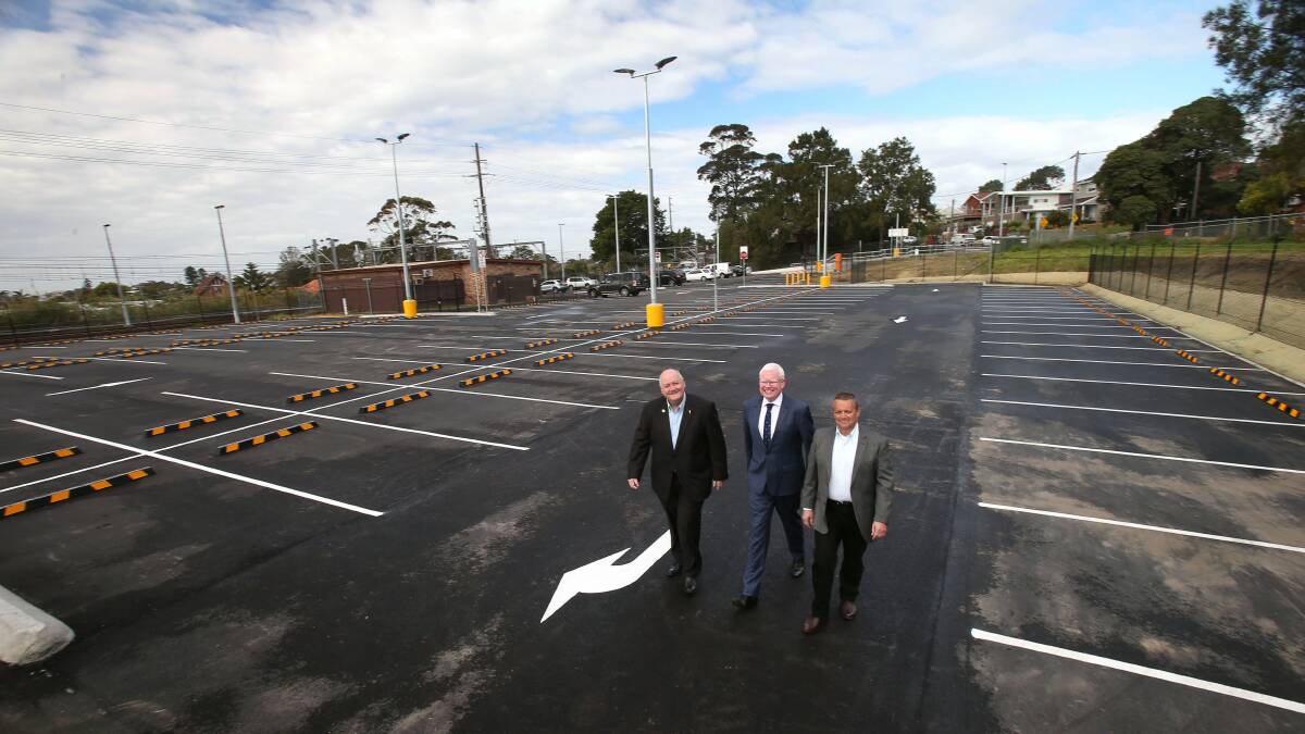 Member for Heathcote Lee Evans, Parliamentary Secretary for the Illawarra Gareth Ward and Wollongong  councillor Leigh Colacino at the opening of the new Thirroul car park on Friday. Picture: KIRK GILMOUR