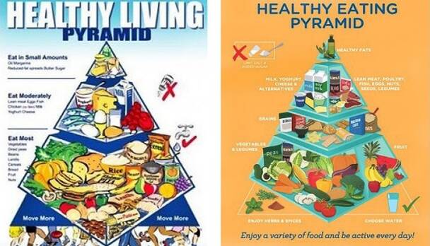 The most recent food pyramid and the new food pyramid.