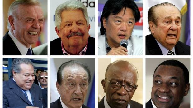 A combination photo shows eight of the nine football officials indicted for corruption charges. From L-R: (top row) then President of the Brazilian Football Confederation Jose Maria Marin, President of the Venezuelan Football Federation Rafael Esquivel, President of Costa Rica's Football Federation Eduardo Li, then President of South American Football Confederation CONMEBOL Nicolas Leoz, (bottom row) then President of the Nicaraguan Football Federation Julio Rocha, then Acting President of CONMEBOL Eugenio Figueredo, then FIFA Executive member Jack Warner, and President of Confederation of North, Central America and Caribbean Association Football CONCACAF Jeffery Webb. Picture: REUTERS
