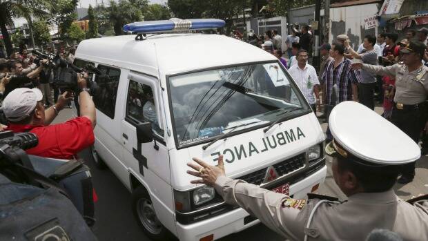 One of ambulances carrying the bodies of Australian death-row prisoners Andrew Chan and Myuran Sukumaran arrives at a funeral home in Jakarta. Picture: AP