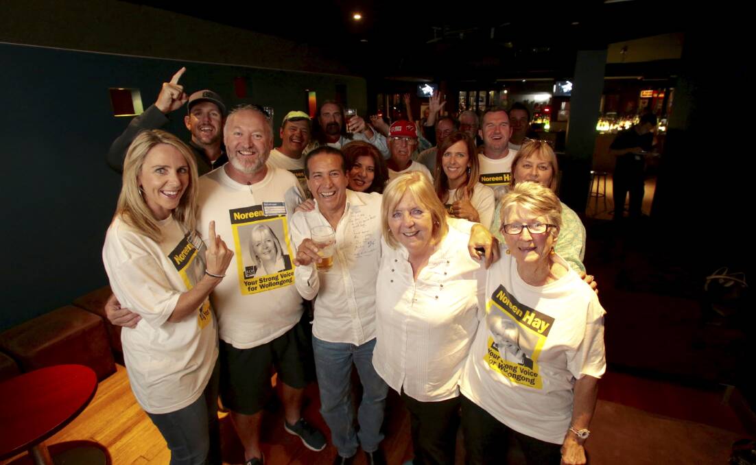 Wollongong MP Noreen Hay celebrates her win with supporters on Saturday night. Picture: ADAM McLEAN