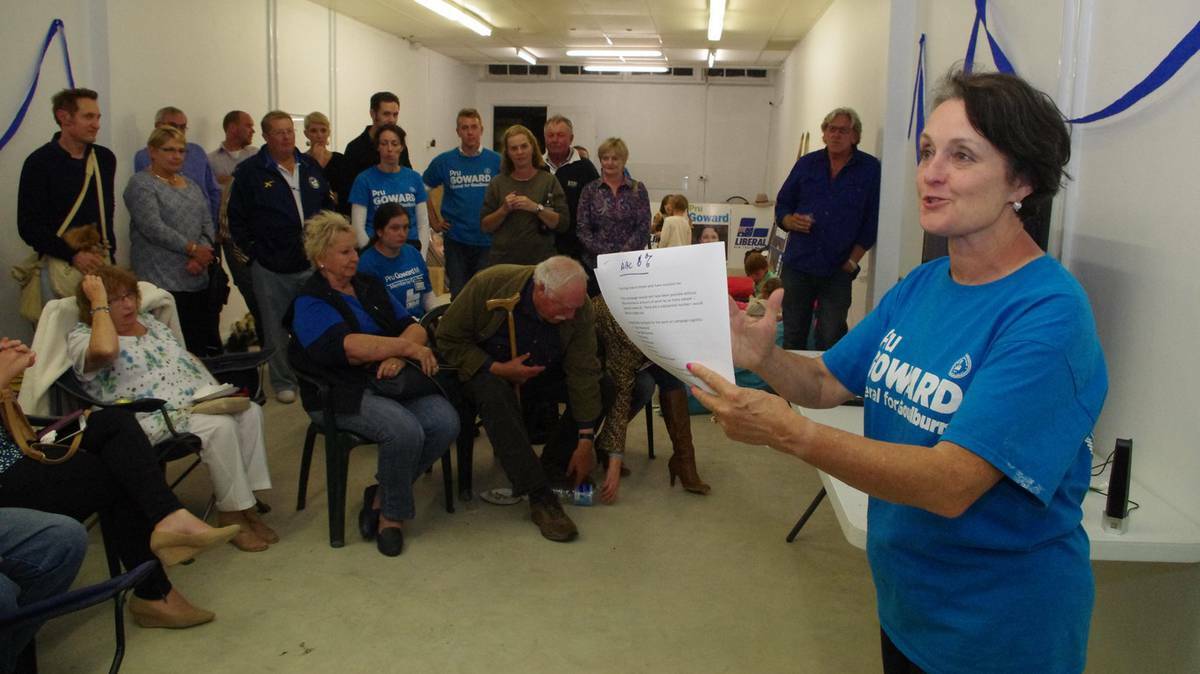 Member for Goulburn Pru Goward speaks with her supporters on Saturday night.