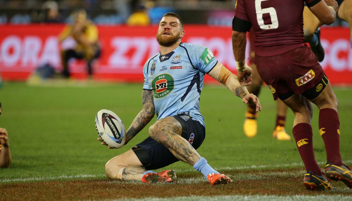 Dragons fullback Josh Dugan scores a try for NSW in the second State of Origin game in Melbourne. Picture: JONATHAN CARROLL