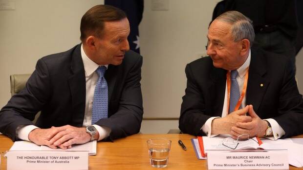 Prime Minister Tony Abbott with Maurice Newman, the chair of his business advisory council. Picture: ANDREW MEARES