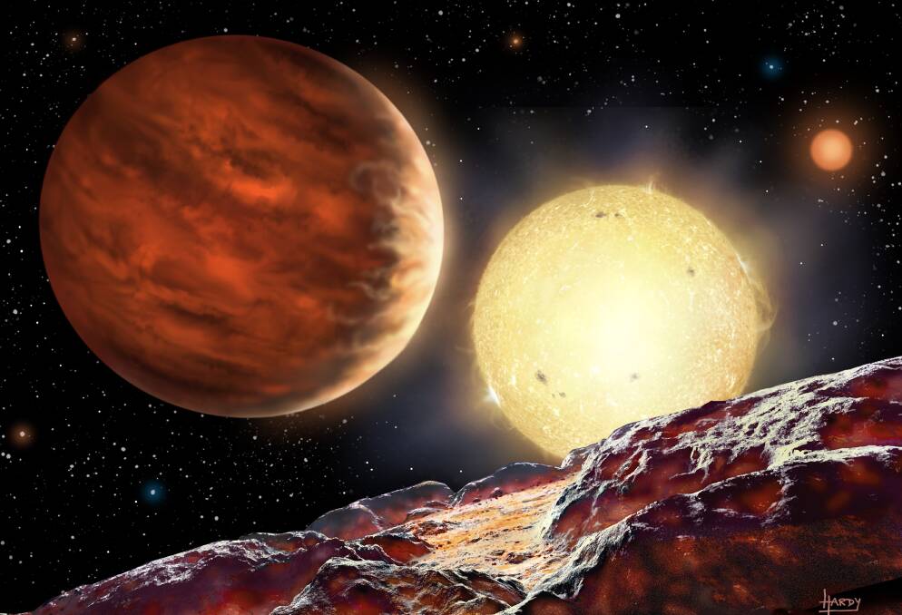 An artist's impression of Tom's planet, WASP-142b, orbiting its star, WASP-142. The planet is depicted as seen from a hypothetical moon. A second, dimmer star is seen in the background. Being 1000 light years away, the planet is too distant to obtain a direct image. Picturet: DAVID A. HARDY