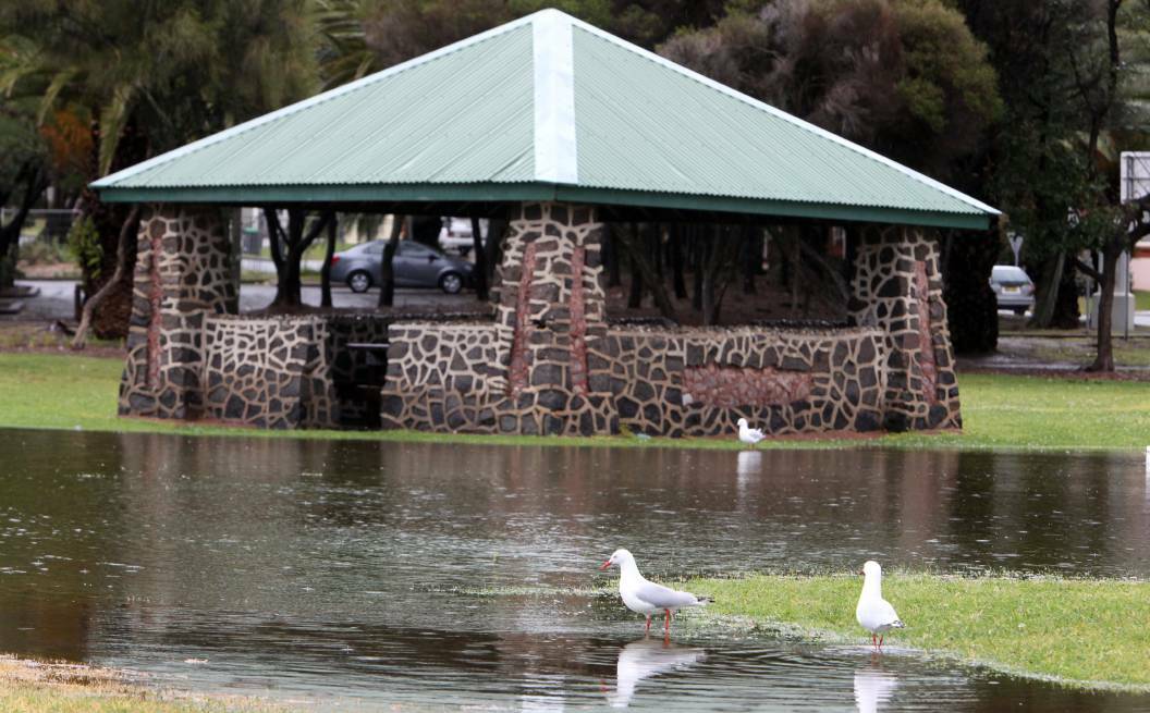 The open space at Stuart Park North Wollongong is inundated with storm water after heavy rainfall over night. Picture: KIRK GILMOUR