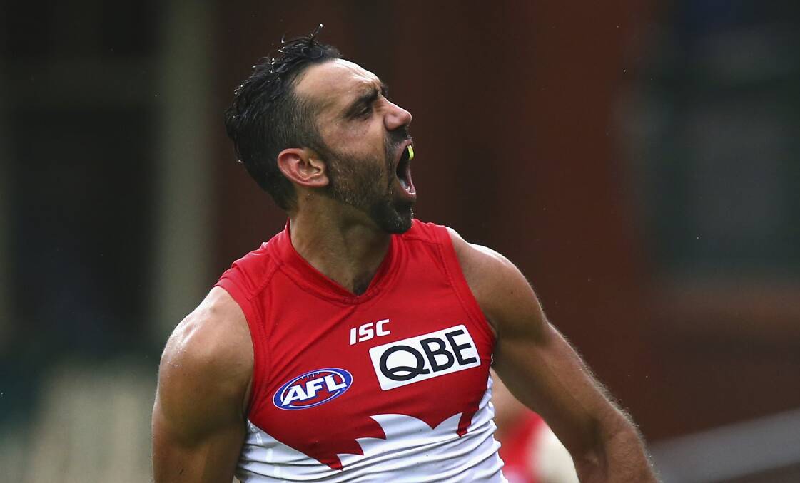 Adam Goodes celebrates a goal during an AFL match between the Sydney Swans and the Western Bulldogs at SCG in May. Picture: GETTY IMAGES