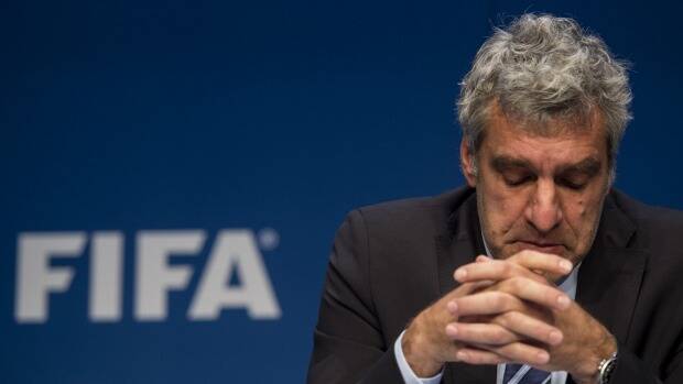 Walter De Gregorio, FIFA Director of Communications and Public Affairs, addresses the media after the arrests of soccer officials in a US corruption probe. Picture: AP