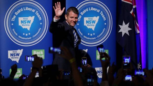 NSW Premier Mike Baird celebrated victory at the Sofitel Wentworth hotel in Sydney with his wife Kerryn and children on election night. Picture: ANDREW MEARES