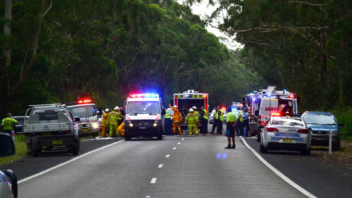 Emergency services at the scene of a serious two-car crash on Gerroa Road, near Berry. Picture: ADAM WRIGHT