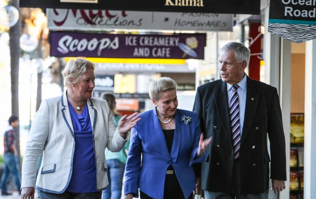 Bronwyn Bishop with Kiama Mayor Brian Petchler and Liberal candidate for Gilmore Ann Sudmalis in Kiama in August 2013. Picture: DYLAN ROBINSON