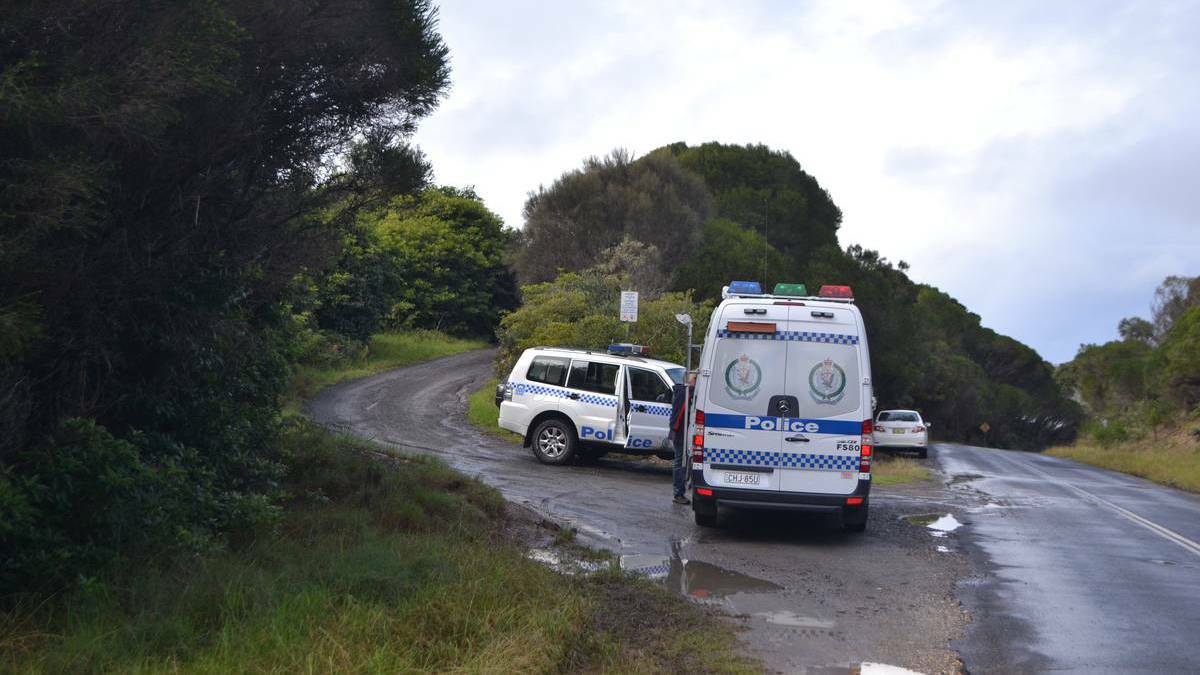 Crime scene: Police blocked off access to the headland just north of the Cuttagee Estuary mouth just south of Bermagui. Picture: STAN GORTON