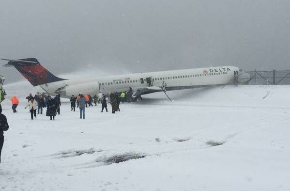A Delta Air Lines plane skidded off a runway during a snowstorm at LaGuardia Airport. Picture: KEMBERLEY RICHARDSON Facebook
