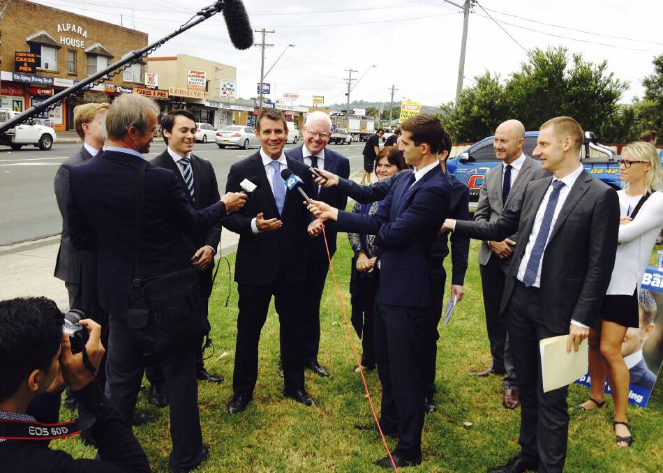 NSW Premier Mike Baird was in the Illawarra on Monday to announce his government will spend $550 million to build the long-awaited Albion Park Rail bypass if re-elected. Picture: ROBERT PEET
