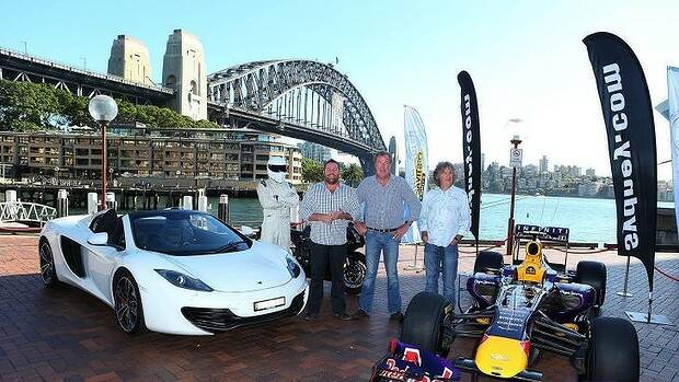Jeremy Clarkson, centre, with the Top Gear team in Sydney in 2013. Picture: GETTY IMAGES

