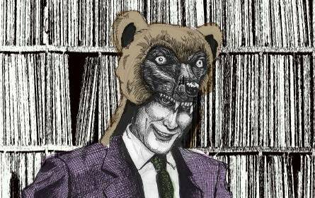 Listening to records in a purple suit and bear mask, by Lenny Curley, who is staging his first solo art exhibition in Wollongong.