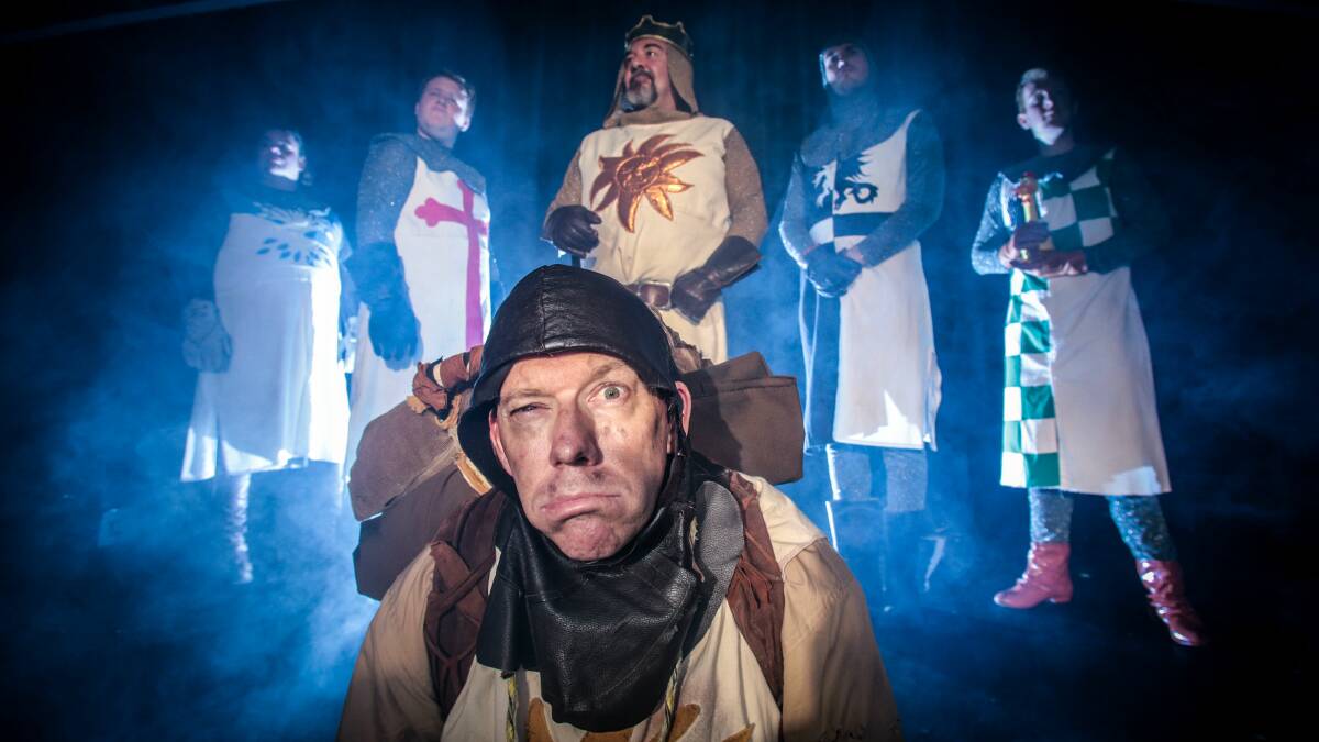 Spamalot cast members Colin Coakes (centre) with L-R Damien Morley, Tim Love, Chris Micallef, David Rienits and Justin Clarke. Picture: ADAM MCLEAN