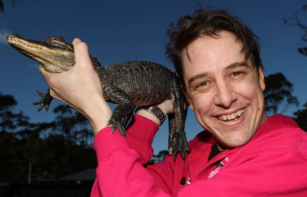 Actor Samuel Johnson caught up with Rambo the alligator at Symbio Wildlife Park on Friday. Johnson first met Rambo in 2013 while unicycling around the country to raise money for Love Your Sister, a foundation set up to raise money for the Garvan Research Foundation. Picture: GREG TOTMAN