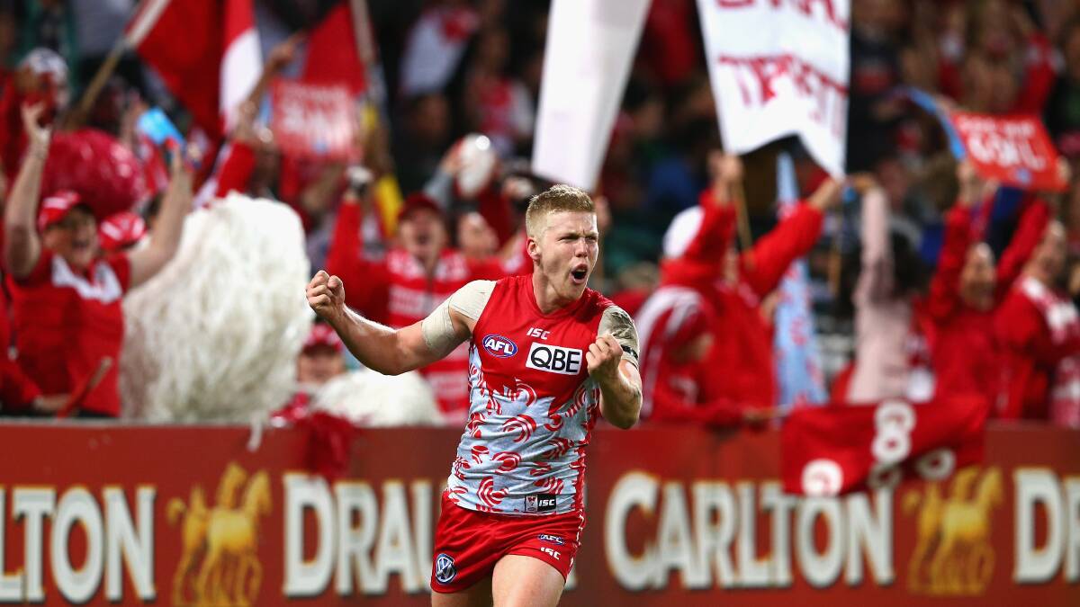 Daniel Hannebery celebrates a goal during the Sydney Swans' demolition of Geelong at the SCG on Thursday night. Picture: GETTY IMAGES