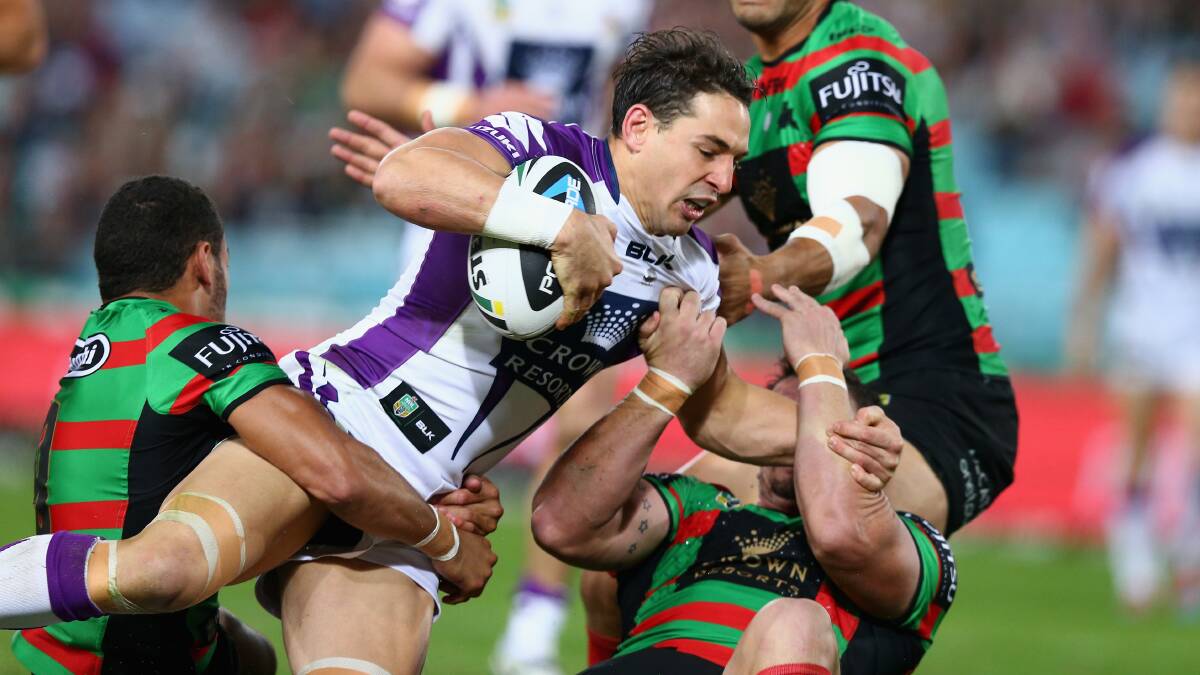 Storm fullback Billy Slater about to score against the Rabbitohs. Picture: GETTY IMAGES
